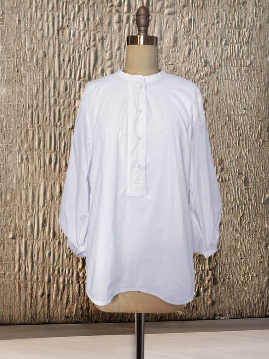 Womens Woven Henley Lantern Sleeve Top| White