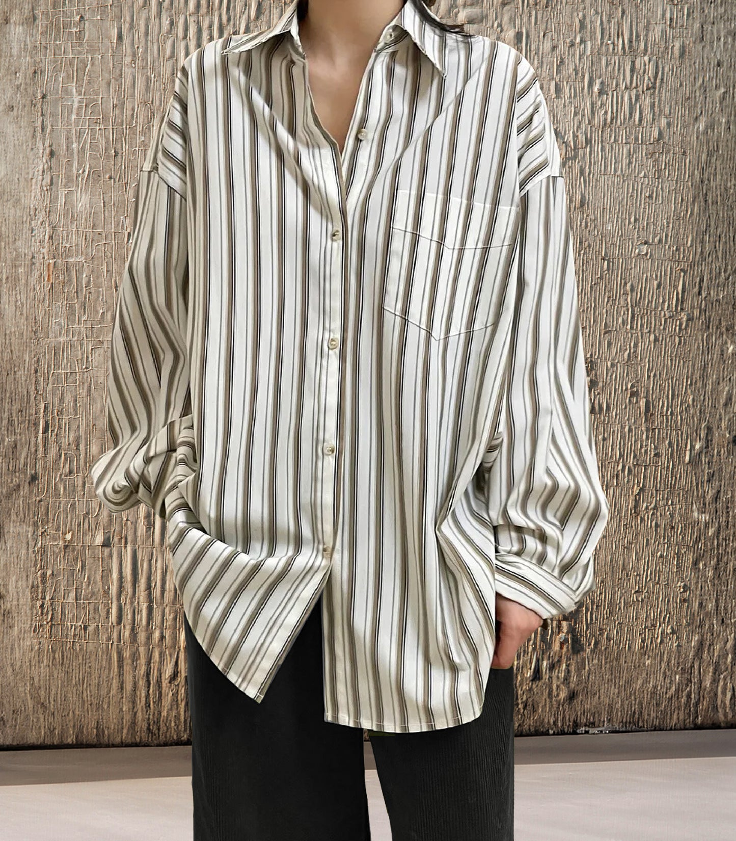 Womens Oversized Stripe Button Down Top | Multi Neutral