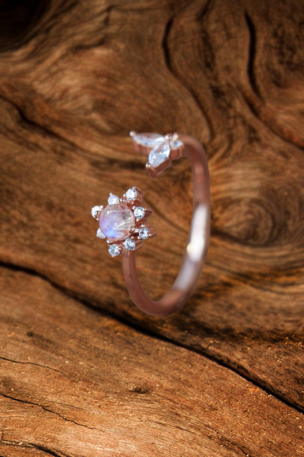 Womens Moonstone Open Ring 925 Sterling | 18K Rose Gold-Plated