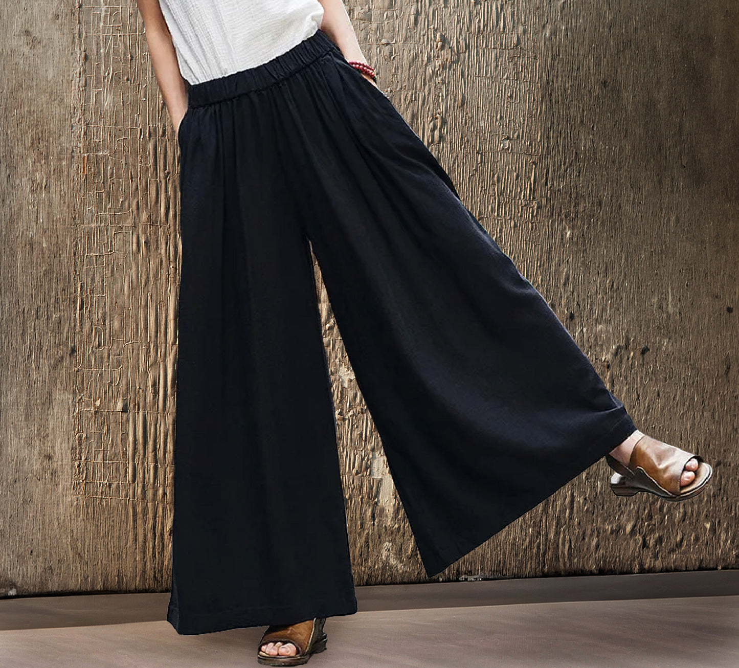 Women's Ankle Length Linen Wide Leg Pants | Black